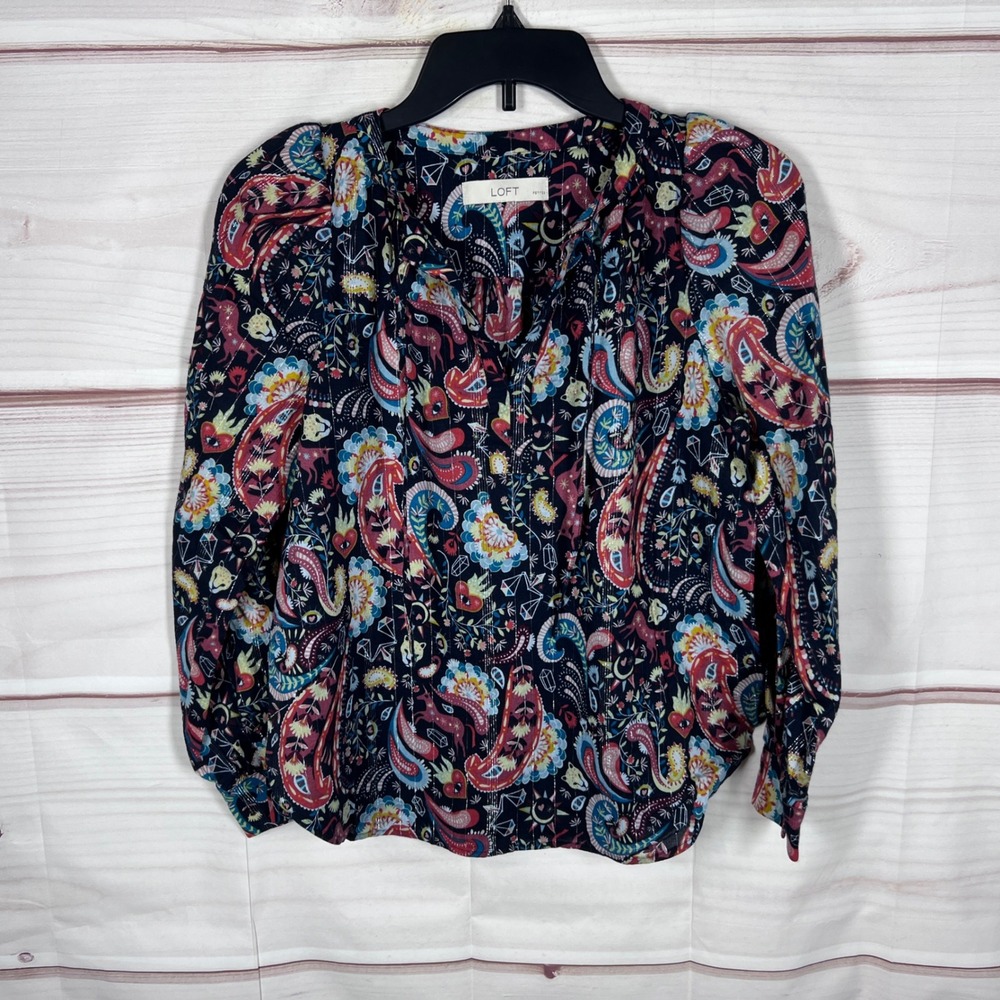 LOFT Paisley Blouse Women PS Blue Multi Lurex Stripe Puff Sleeve Tie Neck Top